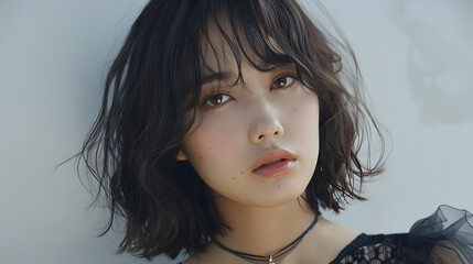 Japanese beauty, cute face, medium hairstyle, bob cut hairstyle, black transparent top with white background, bangs and necklace, makeup, skin care