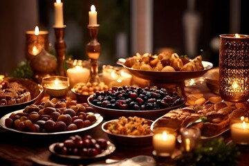 Fototapeta na wymiar Ramadan Family Iftar: A Beautifully Set Table with Dates and Traditional Delicacies, Warm Candlelight