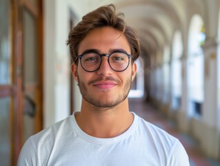 A man wearing glasses and a white shirt is smiling for the camera. Concept of confidence and friendliness