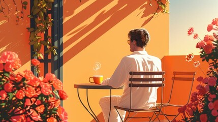 Tranquil Morning Coffee Moment on Sun Drenched Patio Surrounded by Vibrant Flowers and Nature