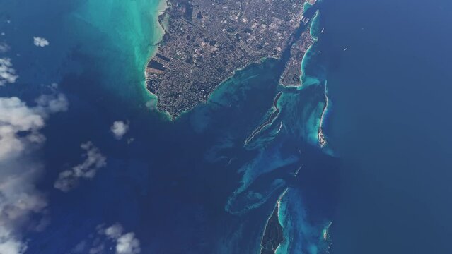 Top aerial view of the island of Nassau in the Caribbean. The Bahamas