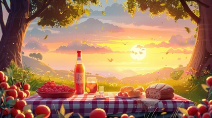 Fotobehang Picturesque Picnic Spread at Idyllic Autumn Sunset Landscape with Bountiful Foods and Drinks © Digital Artistry Den