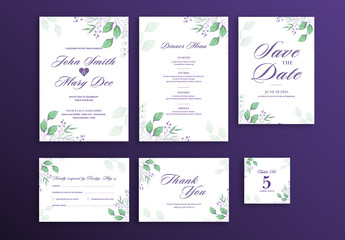 Minimal Floral Design Decorated Wedding Invitation Card Suite or Template with Green Leaves.