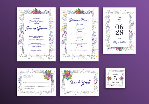 Elegant Floral Design Decorated Wedding Invitation Card Suite or Template.