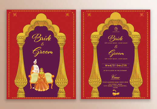 Indian Wedding Card Template Layout with Hindu Bride and Groom Characters, Event Details in Red, Yellow and Purple Color.