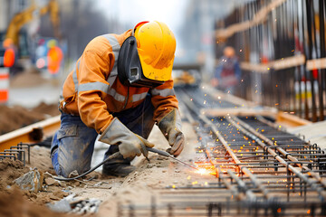 Skilled construction worker welding on industrial site
