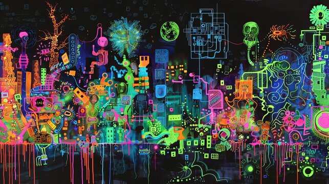 Basic art and design curriculum. Neon colors on a black background, computer circuits, paint brushes and sculptural tools mix together. , art monster