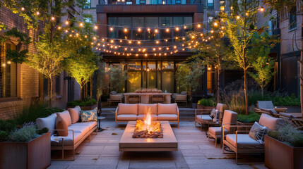Design an outdoor lounge area with comfortable seating, string lights and fire pit for the courtyard of new york city luxury building.