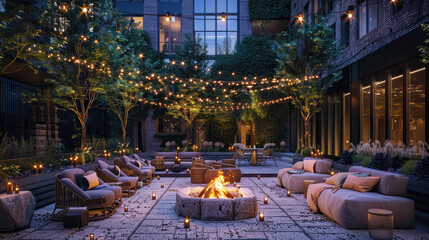 Design an outdoor lounge area with comfortable seating, string lights and fire pit for the courtyard of new york city luxury building. - obrazy, fototapety, plakaty