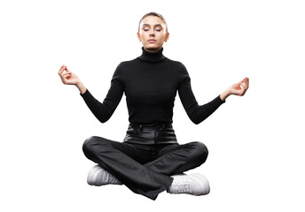 A young woman in black attire meditating with a serene emotion, isolated on a white background, depicting tranquility and focus