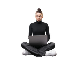 A young woman sits cross-legged using a laptop, isolated on a white background, depicting the concept of modern work flexibility