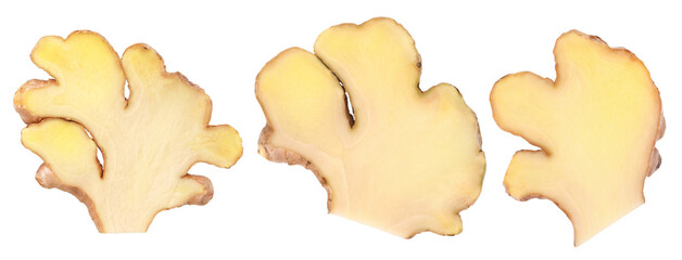 Half fresh ginger rhizome isolated, transparent PNG, PNG format, cut out, Close-up