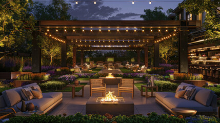Design an outdoor lounge area with comfortable seating, string lights and fire pit for the courtyard of new york city luxury building. - obrazy, fototapety, plakaty