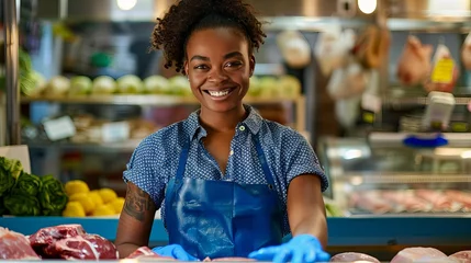 Fotobehang African female butcher in a blue apron and blue gloves stands behind the meat counter in a grocery store and smiles © Zahid