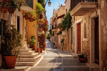 A maze of narrow streets in a Mediterranean town and historic buildings,  Ai generated