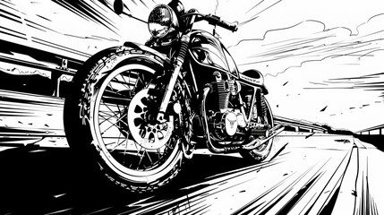 cafe racer motorcycle bbq in the style of black and white comic  - obrazy, fototapety, plakaty