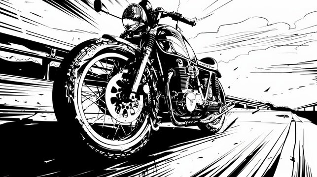cafe racer motorcycle bbq in the style of black and white comic 