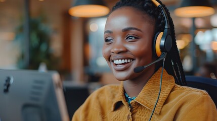 African American woman working from home, wearing headset, talking to customer and smiling - obrazy, fototapety, plakaty