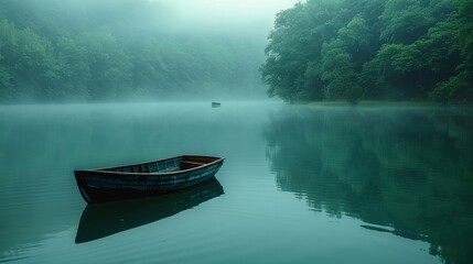 Fototapeta premium tranquil lake, with clear water reflecting the surrounding trees and a single boat floating
