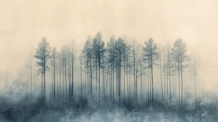 A minimalist photograph of a misty forest, with tall trees fading into the fog and a soft
