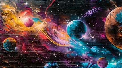 Cosmic Space Graffiti on Urban Brick Wall
Vivid space-themed graffiti displaying celestial bodies and cosmic swirls on a textured brick wall in an urban setting.

