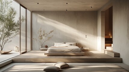 A minimalist bedroom with a platform bed, minimal decor, and a soothing color palette - obrazy, fototapety, plakaty