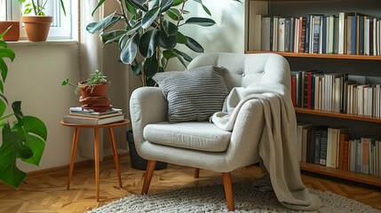 A cozy reading nook with a comfortable chair, a small side table