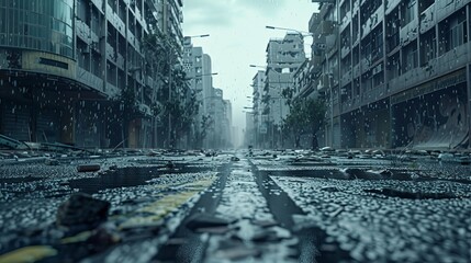 The center of a road in a devastated futuristic post-war city - obrazy, fototapety, plakaty