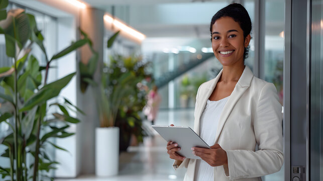 Pharmaceutical sales rep portrait in modern medical facility hallway