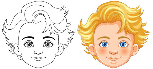 Vector transformation of a boy's face from line art to color. - 778008707