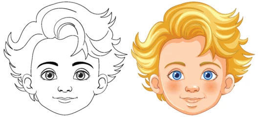 Fototapete Kinder Vector transformation of a boy's face from line art to color.