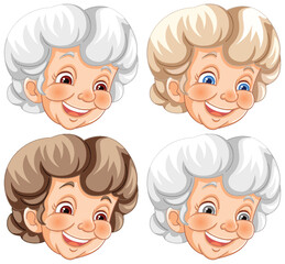 Four cheerful elderly ladies' illustrated portraits.