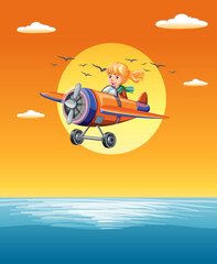 Child pilot flying plane above ocean at sunset. - 778008724
