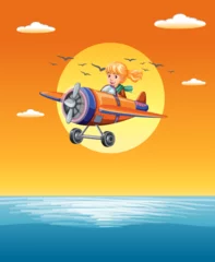 Foto op Plexiglas Kinderen Child pilot flying plane above ocean at sunset.