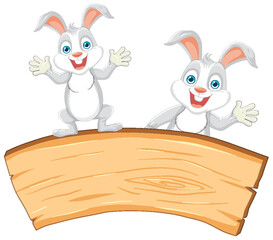 Two cartoon rabbits cheerfully presenting a blank sign.