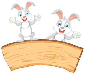 Fotobehang Two cartoon rabbits cheerfully presenting a blank sign. © GraphicsRF