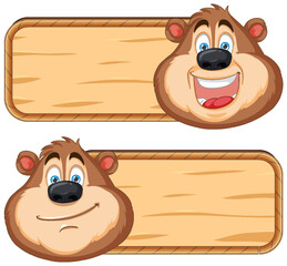 Two illustrations of a happy bear with signboards.