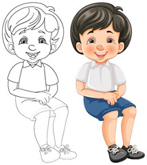 Illustration of a cheerful boy sitting, with line art.