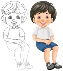 Poster Enfants Illustration of a cheerful boy sitting, with line art.