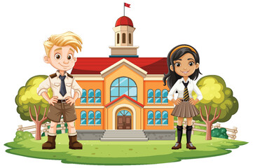 Two cartoon students standing in front of school. - 778008766