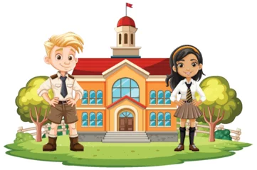Foto op Plexiglas Kinderen Two cartoon students standing in front of school.