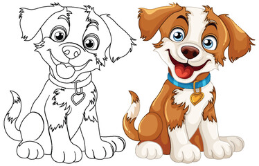 Vector illustration of two cartoon puppies, colored and outlined.