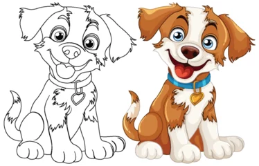Poster Enfants Vector illustration of two cartoon puppies, colored and outlined.