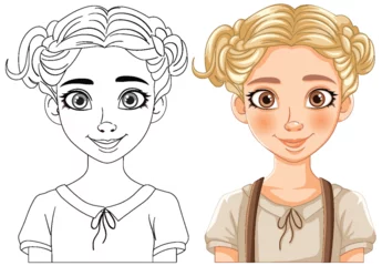 Fotobehang Kinderen Vector illustration of a girl, black and white to color