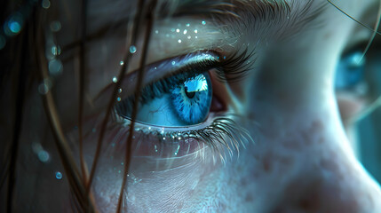 the girl's eye is blue in color - obrazy, fototapety, plakaty