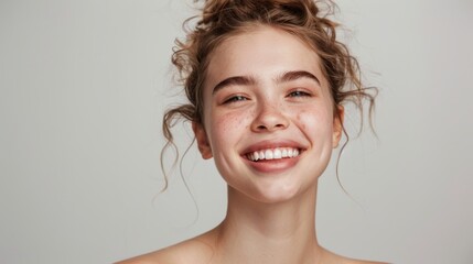 Young girl with freckles, joyful smileand and light blush on her cheeks, her hair casually up, on neutral background, exuding happiness and carefree youth in a natural, light-filled setting
