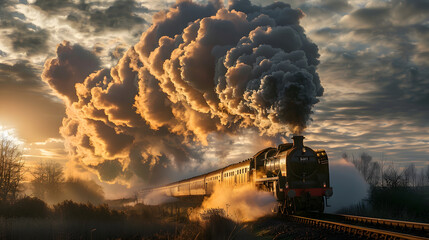 The steam engine's billowing smoke forms an elegant plume as it chases after the train - obrazy, fototapety, plakaty