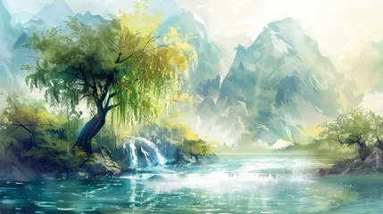 Foto op Plexiglas Peaceful river valley with a waterfall and green trees against a mountain backdrop, an image of tranquility and harmony with nature, perfect for background and wallpaper  © Luiri Art