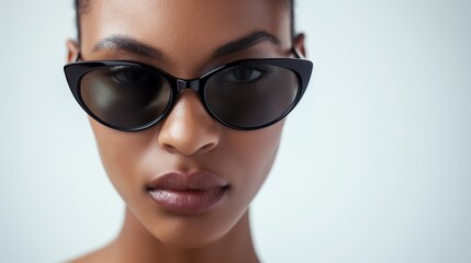 Fototapeta premium Close up of fashionable woman in edgy stylish sunglasses, epitomizing modern chic and sophistication, isolated on light background, banner with copy space 