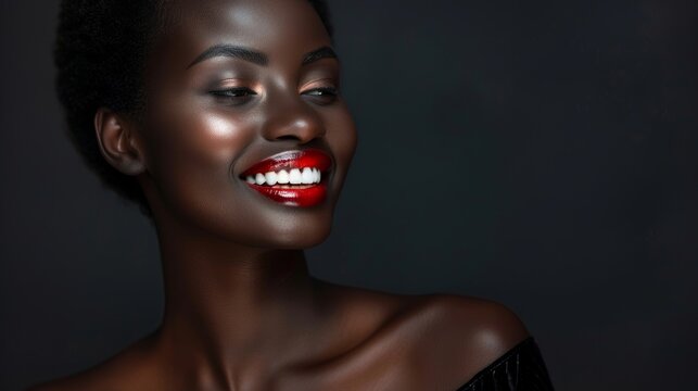 Portrait of beautiful Black woman with radiant skin and a beaming smile, featuring bold red lipstick, embodying confidence and beauty, isolated on dark gray background, banner with copy space         